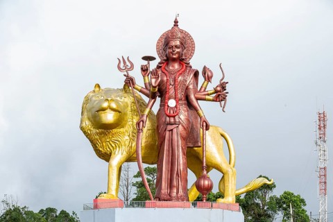 Statue of Goddess Mahalaxmi at the sacred lake of Ganga Talao in the south of the island of Mauritius