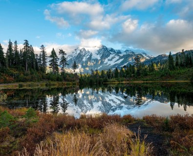 Mt. Shuksan glacier with snow reflecting in Picture Lake