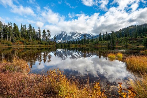 Mt. Shuksan glacier with snow reflecting in Picture Lake