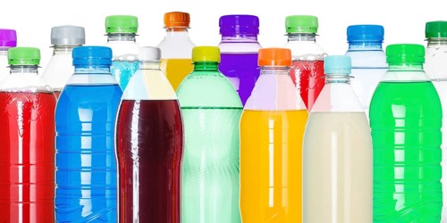 Bottles with colourful drinks