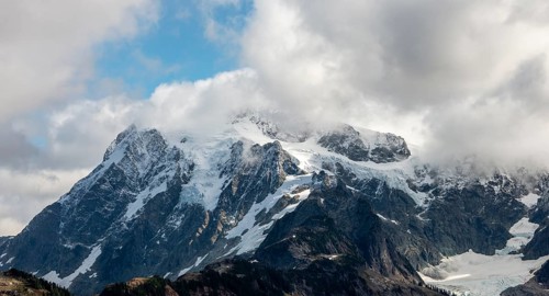 Cloudy mountain with snow and glacier