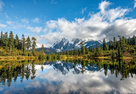 Mt. Shuksan glacier with snow reflecting in Picture Lake