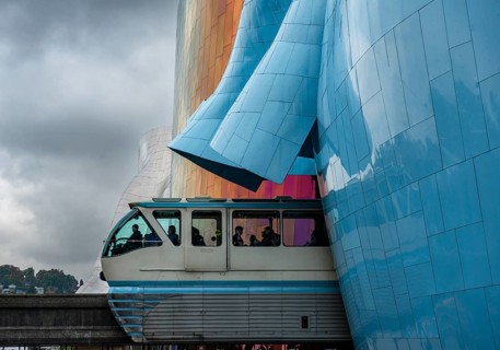 Monorail train runs through museum