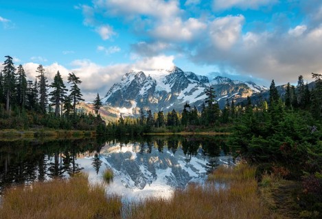 Mt. Shuksan glacier with snow reflecting in Picture Lake