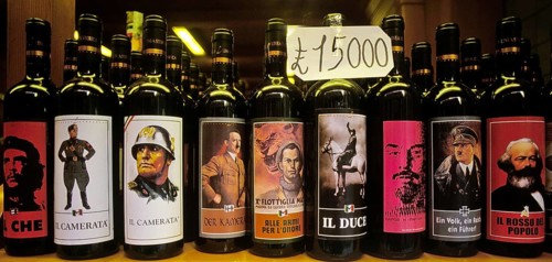 Wine bottles with labels of Mussolini