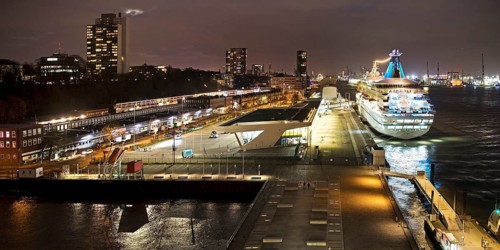 Hamburg Cruise Center Altona with the cruise ship Artania at night