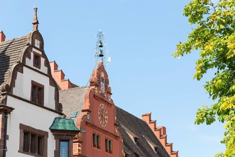 Gables of the New Town Hall and the Old Town Hall with coat of arms