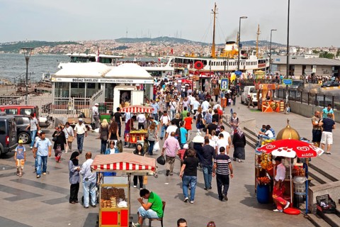Busy at the Eminonu ferry pier at Galata Bridge