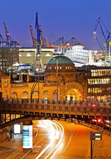Landungsbruecken with harbour in the evening