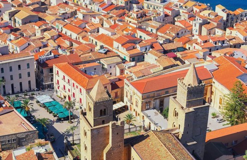 Top view of Cathedral San Salvatore and Piazza Duomo