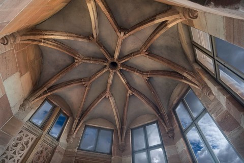 Final vault of the historic single-flight stair tower of the former Pellerhaus
