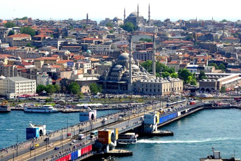 Panoramic view of Galata Bridge from the Galata Tower in the Karakoey district
