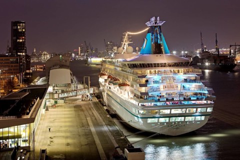Hamburg Cruise Center Altona with the cruise ship Artania at night