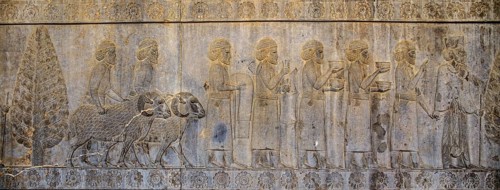 Relief detail of the delegation of nations bringing gifts to Darius on the steps of Apadana Palace
