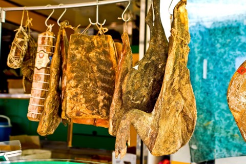 Market stall with ham