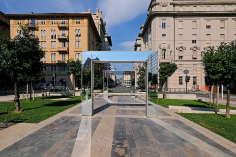 Sculpture arches by the French artist Daniel Buren on the Piazza Giuseppe Verdi in La Spezia