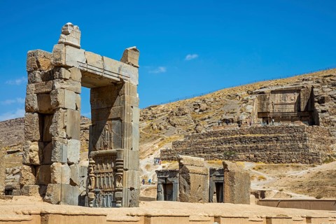 Hundred Column Hall with rock tomb in the background