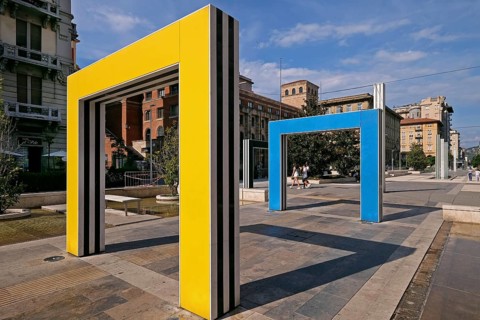 Sculpture arches by the French artist Daniel Buren on the Piazza Giuseppe Verdi in La Spezia