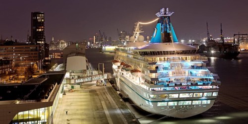 Hamburg Cruise Center Altona with the cruise ship Artania at night