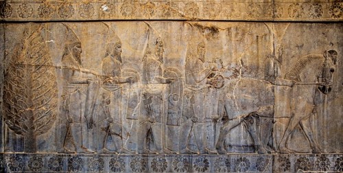 Relief detail of the delegation of nations bringing gifts to Darius on the steps of Apadana Palace