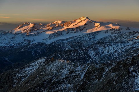 Snowy summit of Monte Cevedale in the morning light