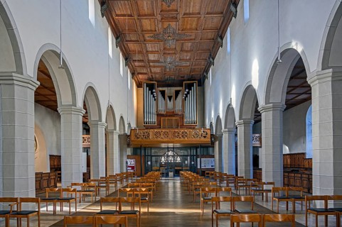 Organ loft and coffered ceiling