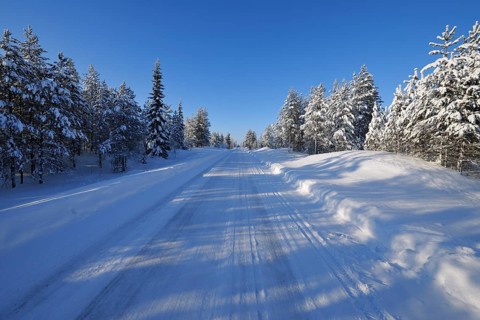 Sun over snow covered road in winter