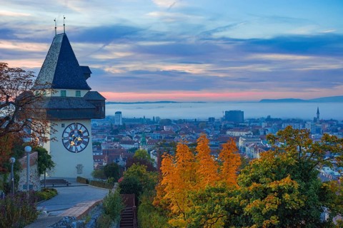 Cityscape of Graz and the famous clock tower