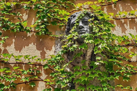 Relief of a young man's head surrounded by wild wine on the wall of the Park-Cafe