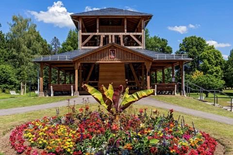 Graduation house and flower border in the spa gardens