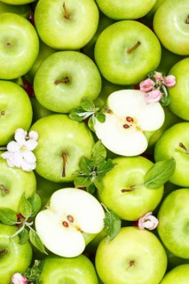 Apples fruits green apple fruit background with flowers and leaves