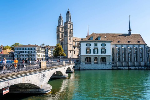 Muensterbruecke and Grossmuenster with Helmhaus and Wasserkirche