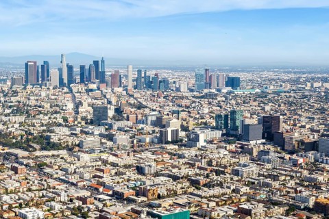 Downtown skyline city building aerial view in Los Angeles