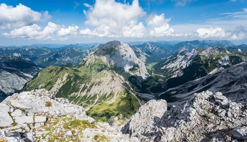 View from the summit of the Lamsenspitze into the Falzthurntal valley with Sonnjoch peak