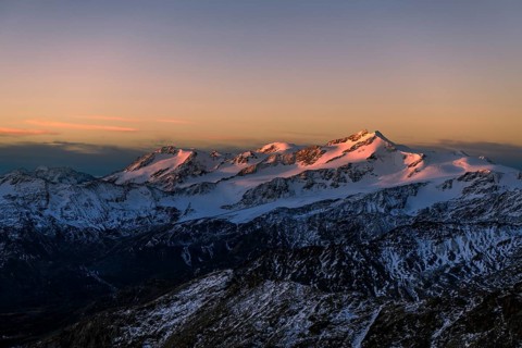 Snowy summit of Monte Cevedale in the morning light