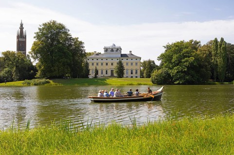 Woerlitz Castle and St. Petri Church on Lake Woerlitz