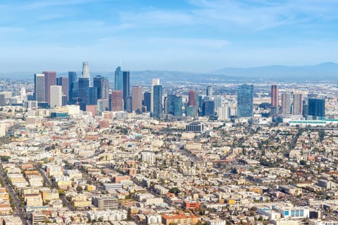Downtown skyline city building aerial view in Los Angeles