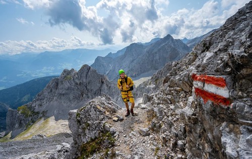 Hiker on hiking trail to Lamsenspitze