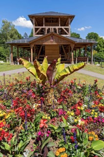 Graduation house and flower border in the spa gardens
