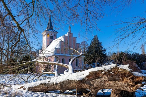 Village church in Lenne Park Criewen in winter