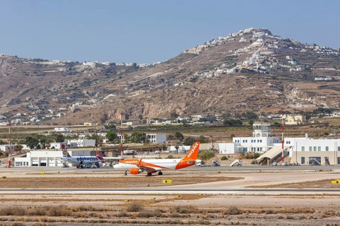 An EasyJet Airbus A320 aircraft with registration number OE-IJZ at Santorini Airport