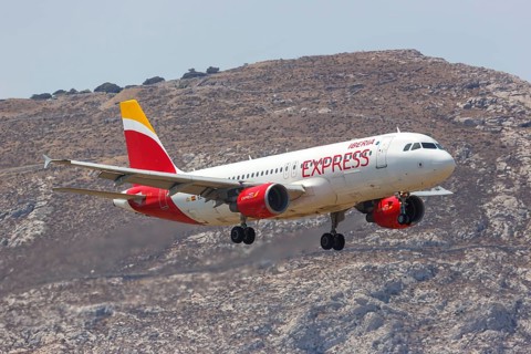 An Airbus A320 aircraft of Iberia Express with registration number EC-MUF at the airport in Santorini
