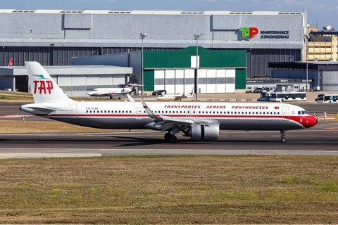 An Airbus A321neo aircraft of TAP Air Portugal with registration CS-TJR and retro livery at the airport in Lisbon