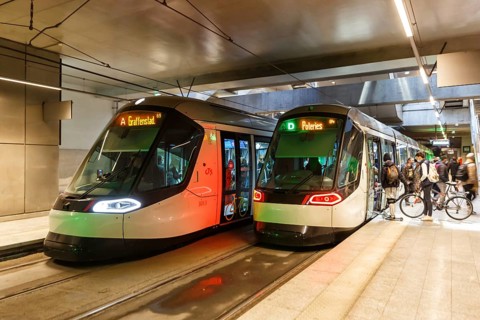 Modern trams Alstom Citadis public transport underground stop Gare Centrale in Strasbourg