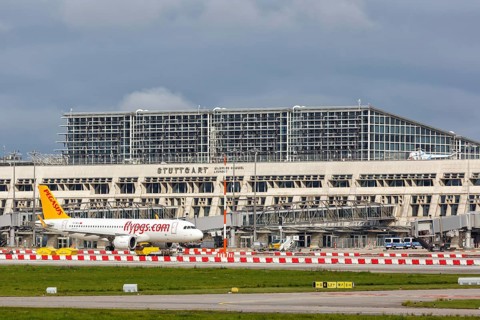 A Pegasus Airbus A320neo with registration TC-NCU at the airport in Stuttgart