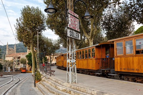 Historic train railway public transport in Majorca at the station in Soller