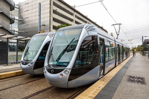 Modern light rail tramway Alstom Citadis trams Public transport at Blagnac Airport in Toulouse