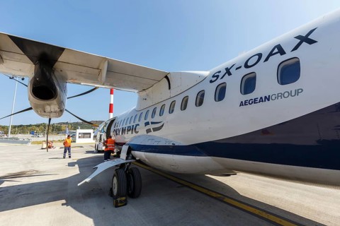An Olympic Air ATR 42-600 aircraft with registration SX-OAX at the airport in Zakynthos