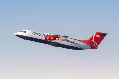 A British Aerospace Avro RJ100 aircraft of Qeshm Air with registration EP-FQU takes off from Dubai Airport