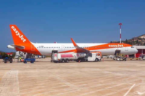 An EasyJet Airbus A321neo aircraft with registration G-UZMH at the airport in Kefalonia